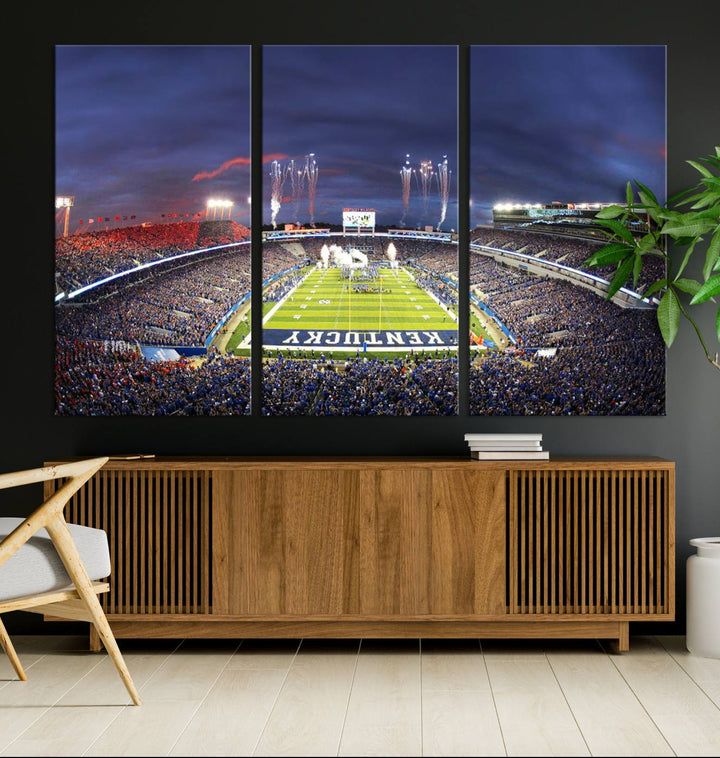 A filled stadium at dusk and fireworks overhead are beautifully captured in the Kroger Field Canvas Wall Art - Sunset Football Stadium Decor.