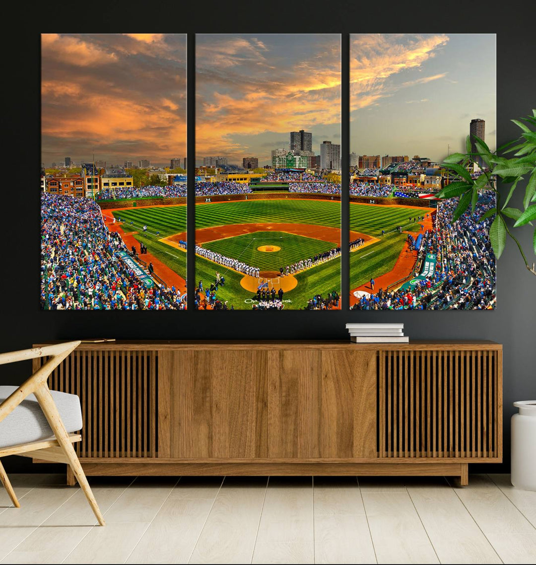 Aerial view of Wrigley Field at sunset against a vibrant sky, creating the perfect Chicago Wrigley Field Canvas Wall Art.