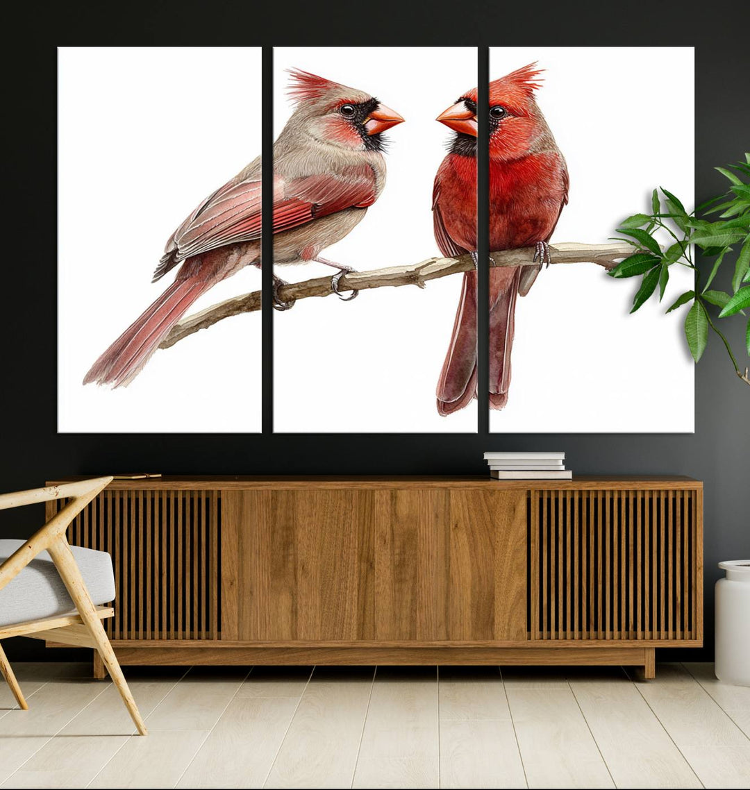 The Cardinal Bird Canvas Wall Art showcases two cardinals on a branch.