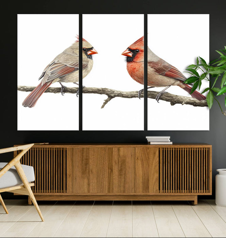 A Cardinal Canvas Wall Art print of cardinals on a branch hangs prominently.