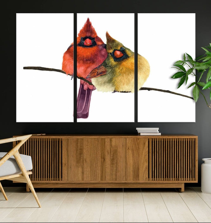 The Cardinal Bird Canvas Wall Art showcases vibrant male and female cardinals, capturing the beauty of nature in vivid detail.