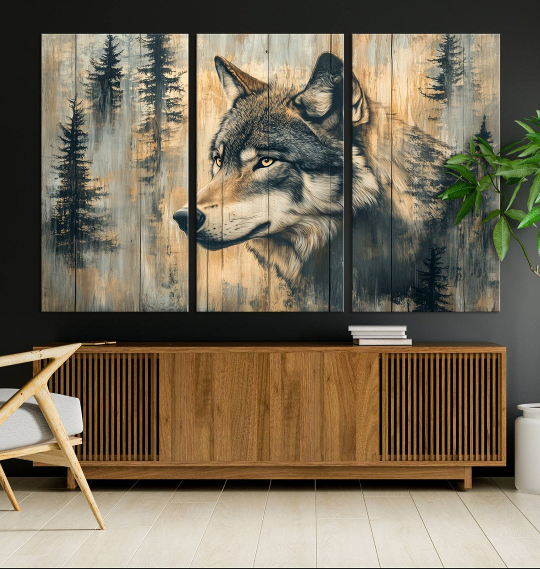 Above the counter is a Wood Style Rustic Wolf Wall Art Canvas Print.