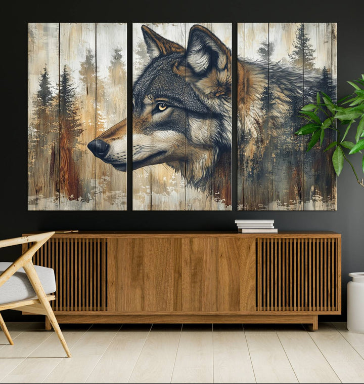 A kitchen dining area features Rustic Wolf Wall Art.