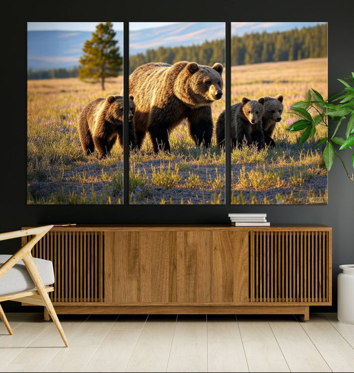 The dining room showcases the Grizzly 399 in Wild Flowers wall art.