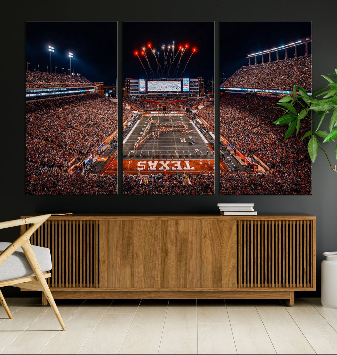 A Texas Memorial Stadium canvas print with fireworks embellishes the modern living room.