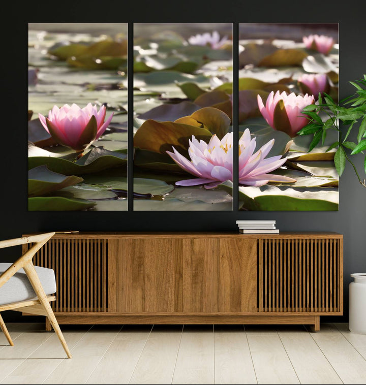 The dining room features the Water Lily Large Canvas Print.