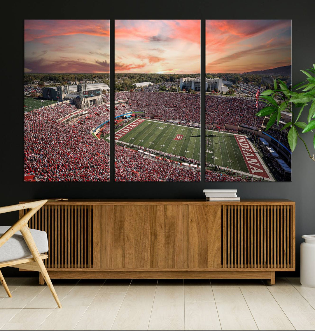 Gallery-quality Indiana Memorial Stadium Wall Art Canvas: A stunning view of the stadium at sunset.