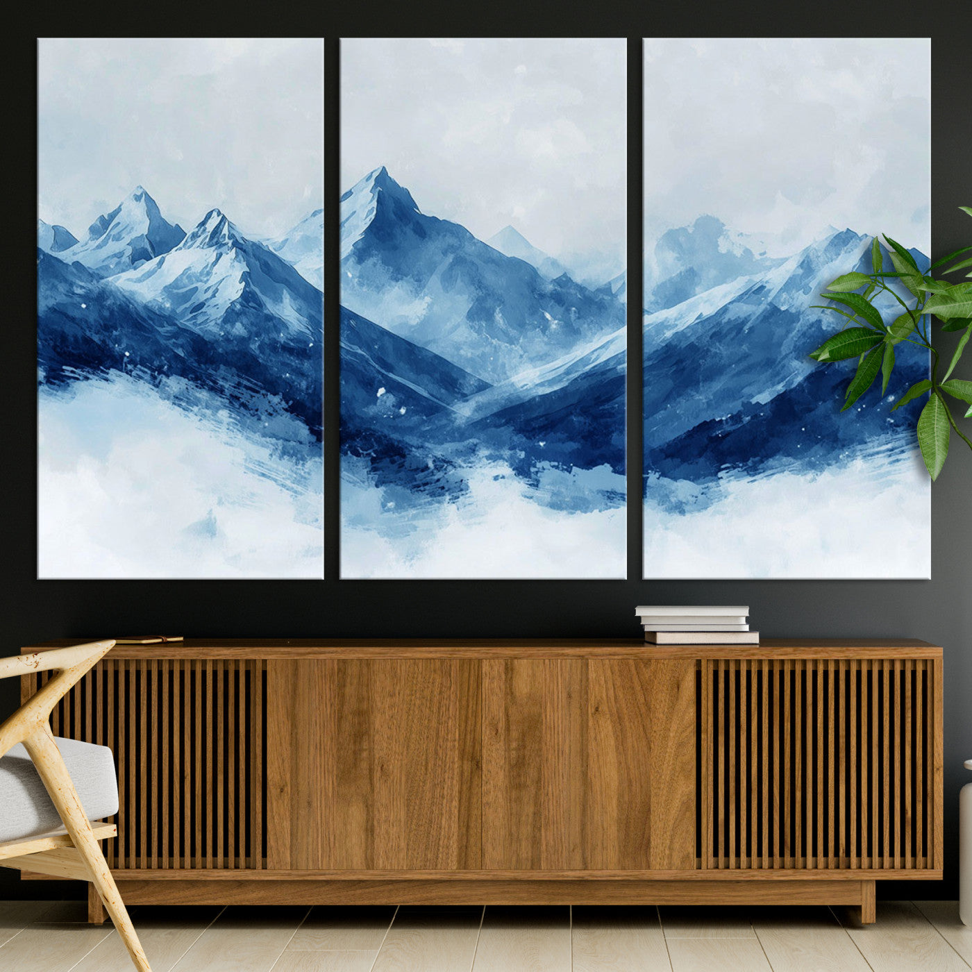 Peaceful watercolor-style painting of snowy blue mountains in soft tones, perfect for winter-themed or minimalist wall decor.