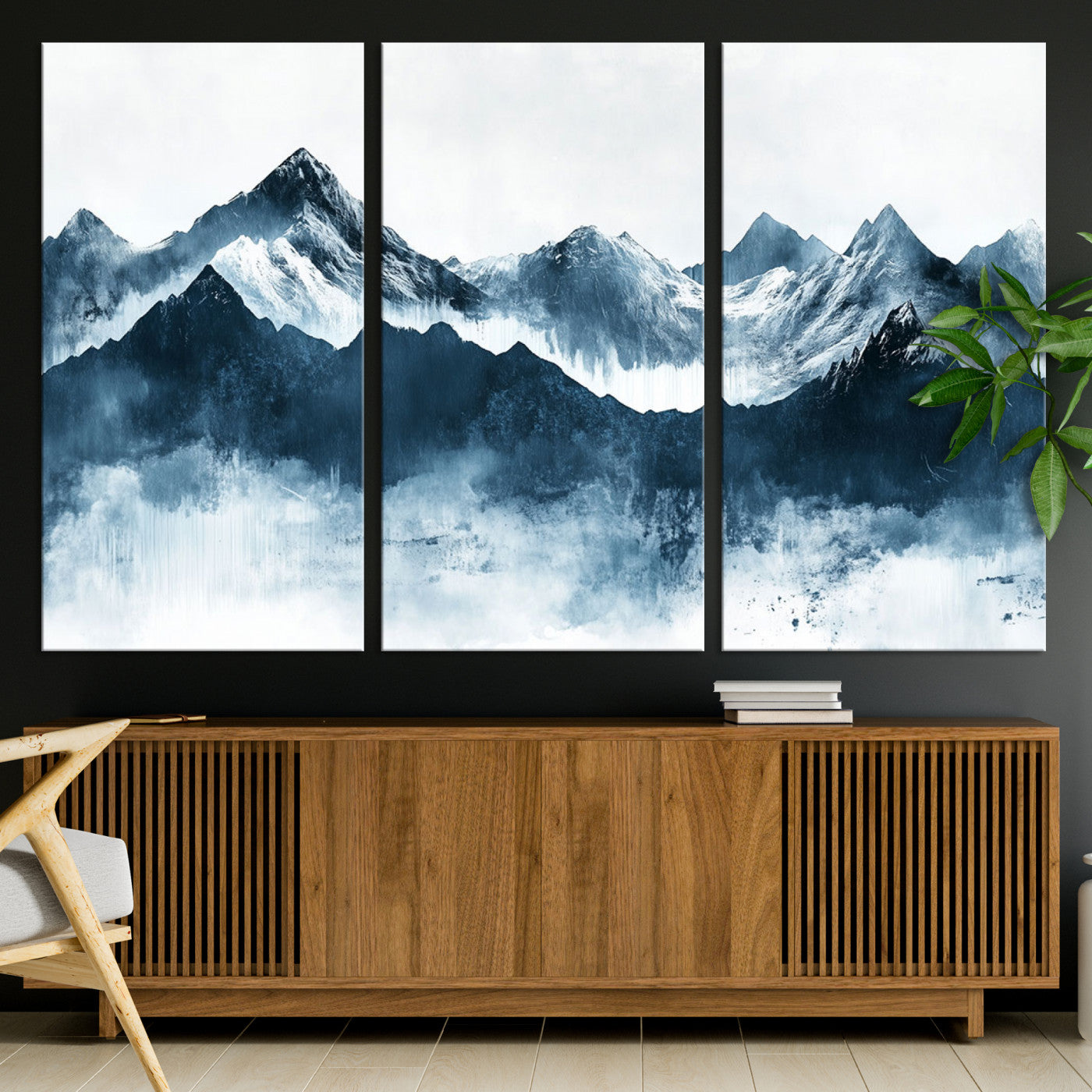 Abstract blue-toned canvas of snowy mountains in misty tones, ideal for minimalist or moody alpine-inspired home decor.