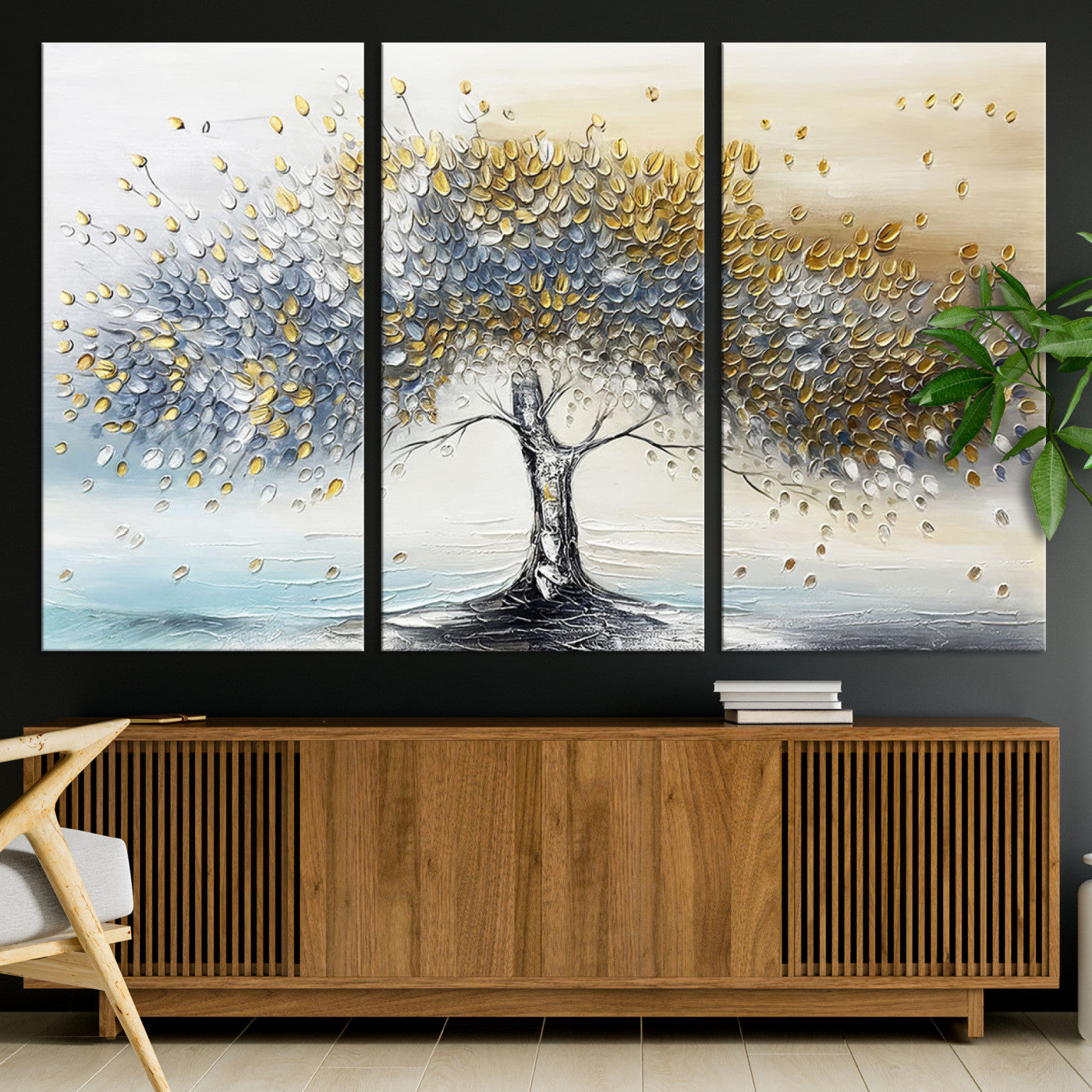 Canvas of a silver and gold textured tree with a soft neutral background, ideal for elegant and minimalist home decor styles.