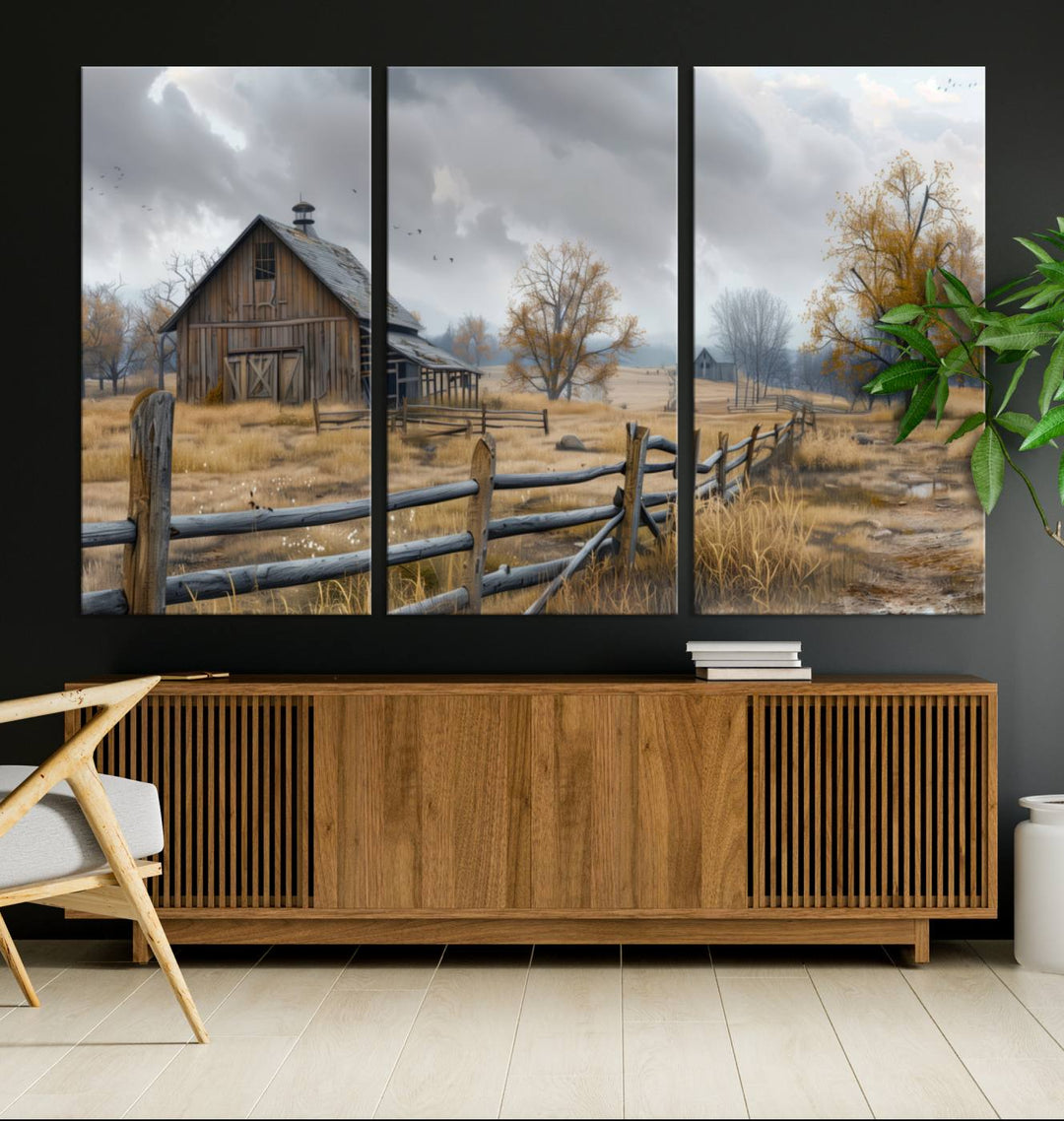 Rustic Autumn Farmhouse Wall Art – Weathered Barn & Trees Canvas Print, featuring a serene scene with birds in the sky. This piece is ready to hang.