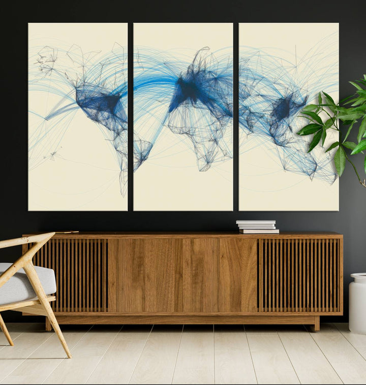 Flight Routes Map: Air Traffic Avi World Map featuring blue lines symbolizing global data. Ideal for home decor and ready to hang.