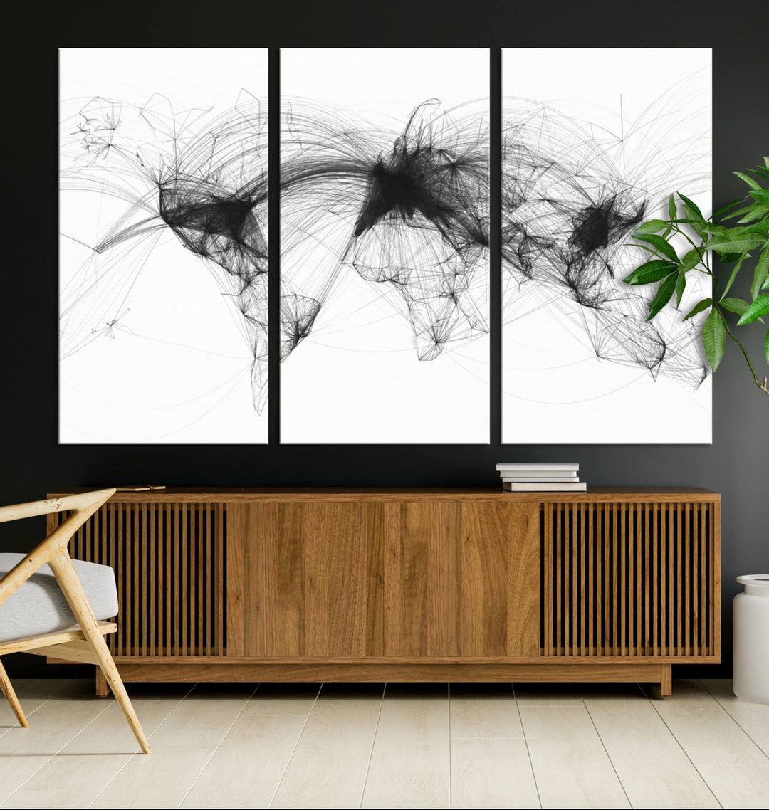 The Flight Routes Air Traffic canvas wall art, framed and ready to hang, is perfect for aviation enthusiasts.