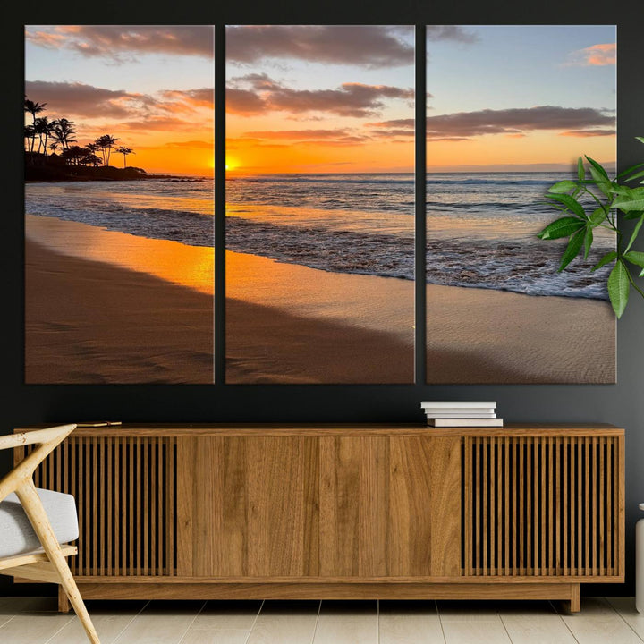 Sunset Wall Art Print featuring a beach sunset with waves and palms, perfect for coastal decor.