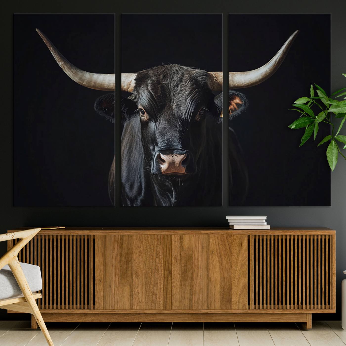 Canvas of a black longhorn bull against a dark background, featuring moody tones and western character for rustic or cowboy-inspired spaces.