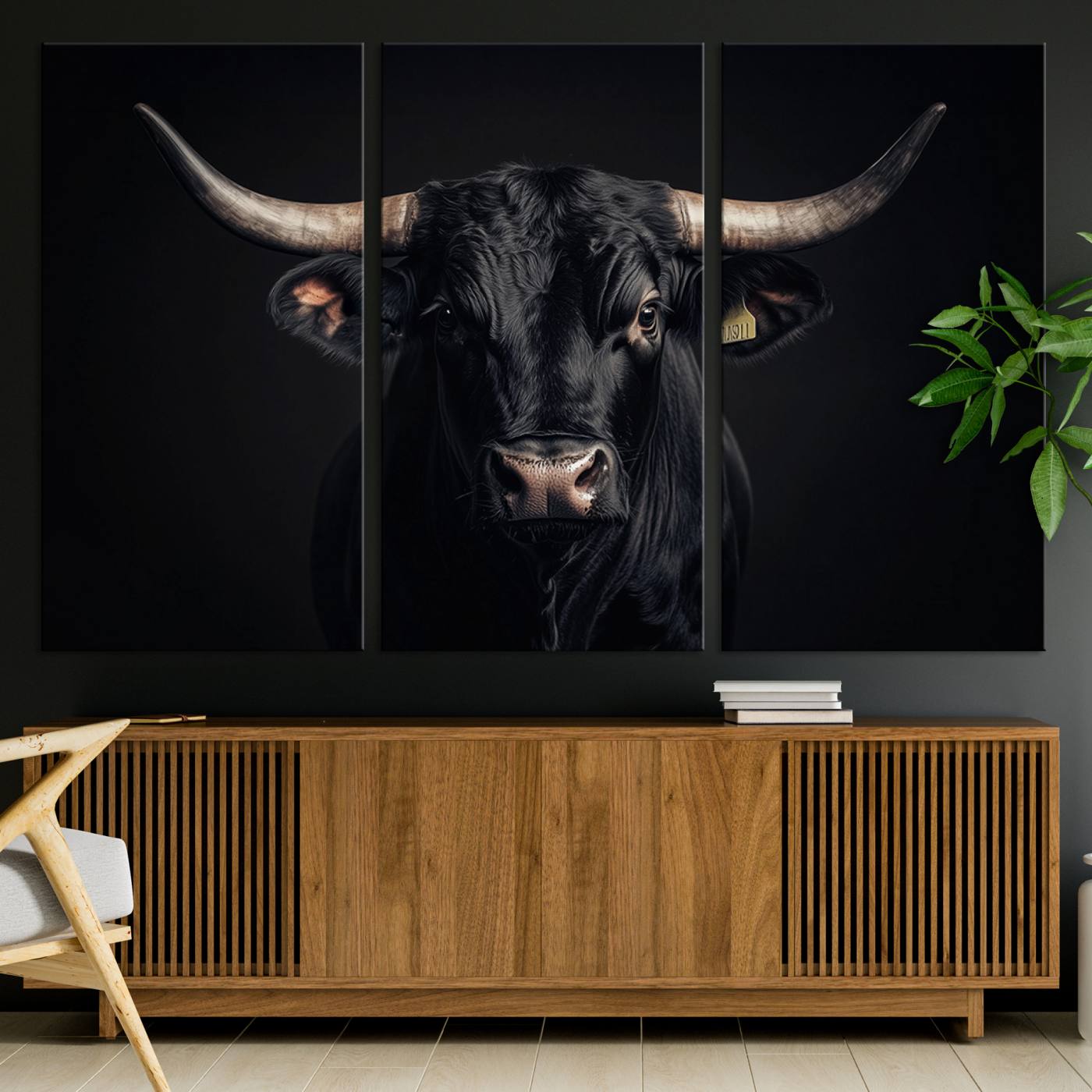 Canvas featuring a black horned bull in moody lighting on a dark background, perfect for western or rustic farmhouse-style home decor.