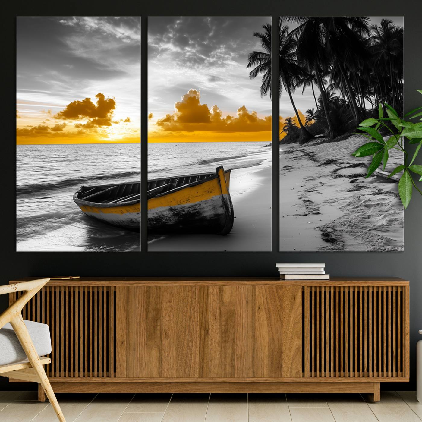 Canvas of a yellow rowboat on a black and white tropical beach with golden sunset sky, ideal for coastal or tropical-themed home decor.