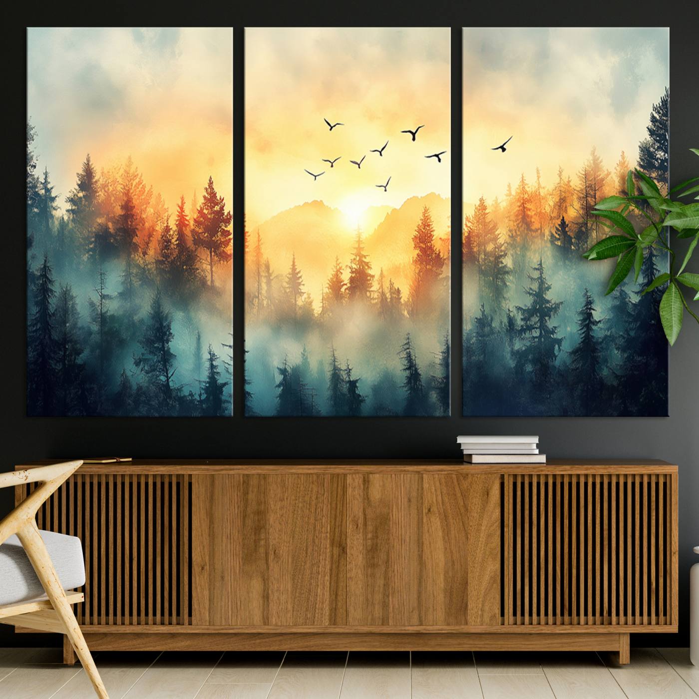Canvas of a misty pine forest at sunrise with golden light and birds flying across the sky, perfect for tranquil nature-themed wall decor.