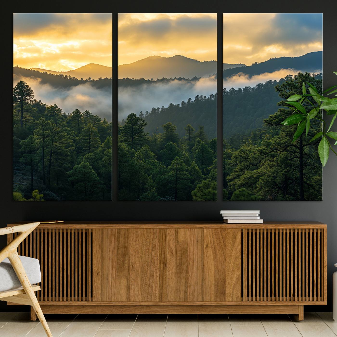Canvas of misty pine-covered mountains at sunrise, featuring golden light and fog layers, ideal for tranquil earthy home decor.