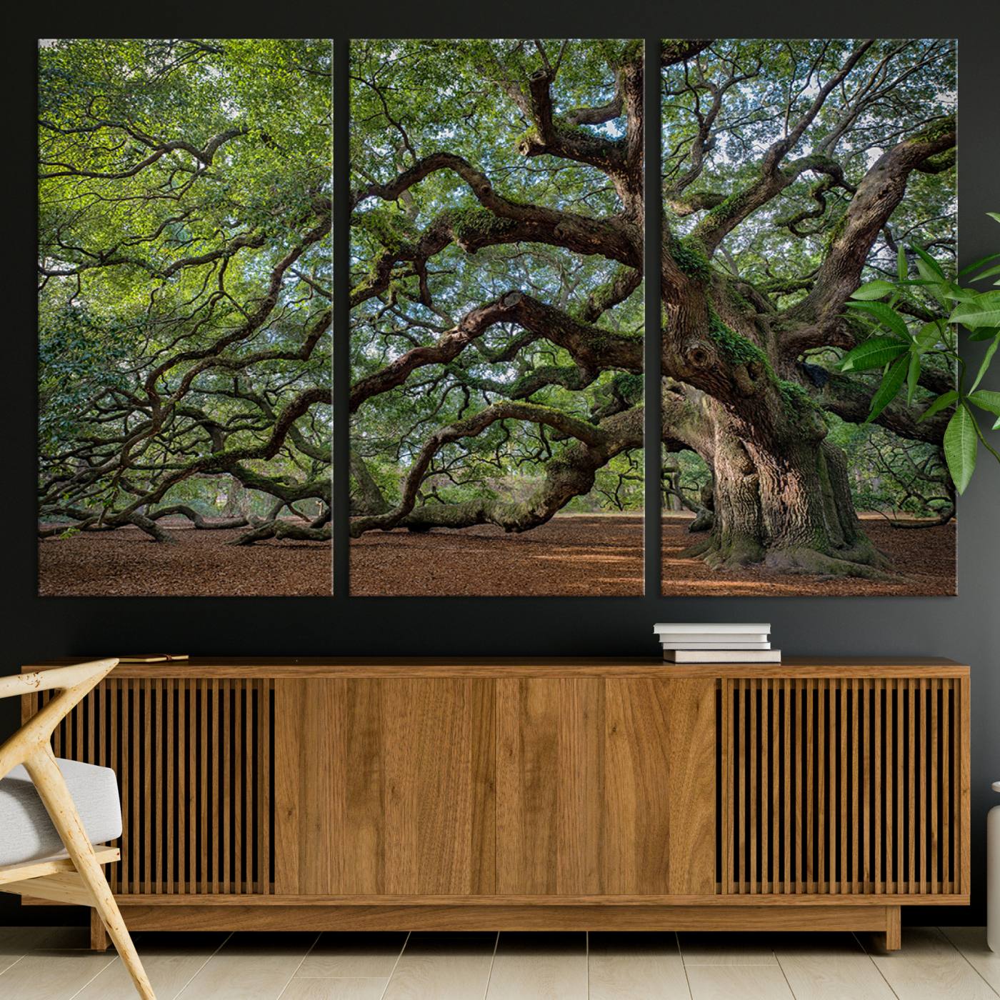 Canvas of the Angel Oak tree with sprawling limbs and mossy bark, ideal for earthy natural or rustic southern-inspired decor.