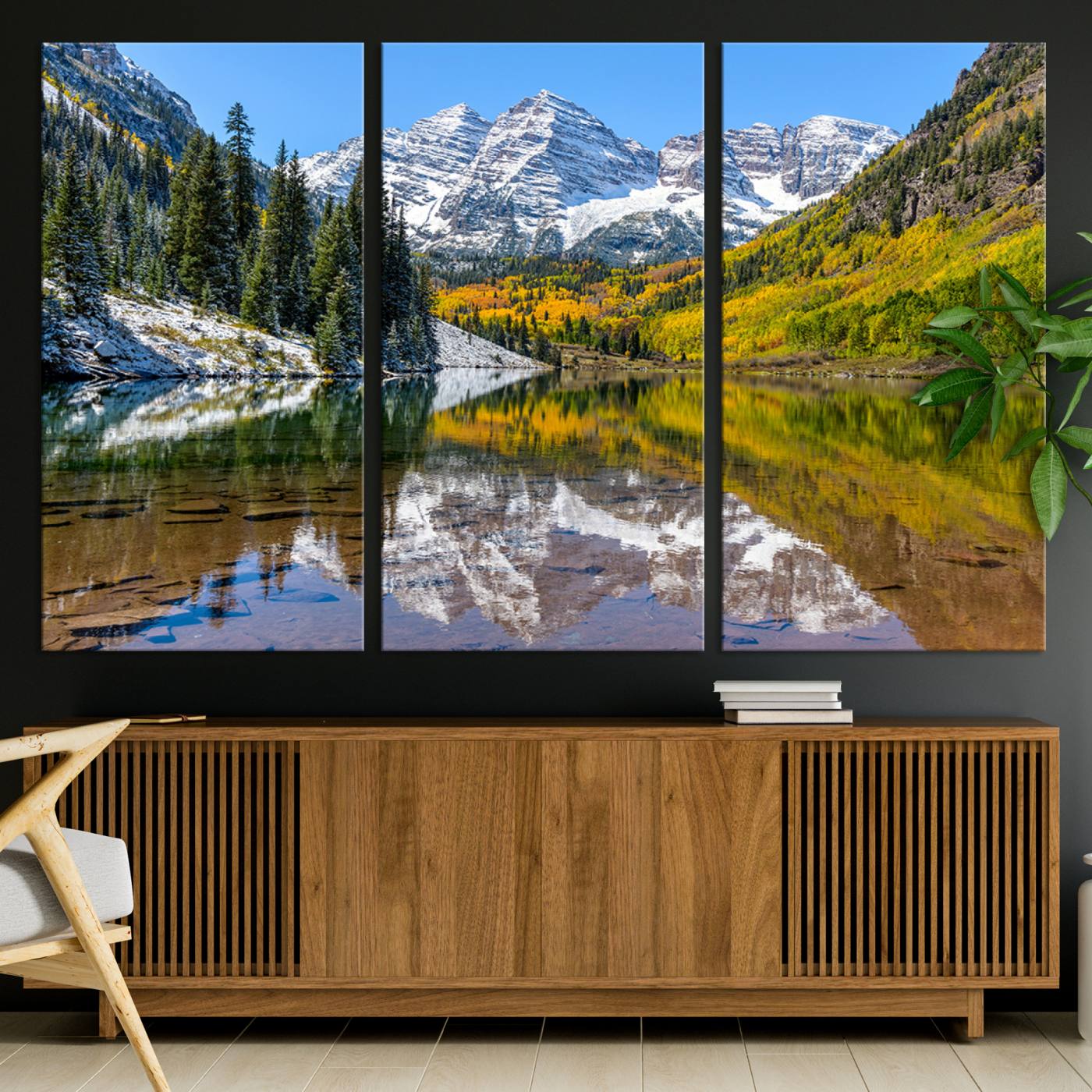 Canvas of Maroon Bells reflected in a clear alpine lake, with golden aspens and snowy peaks, ideal for crisp autumn or mountain-themed decor.
