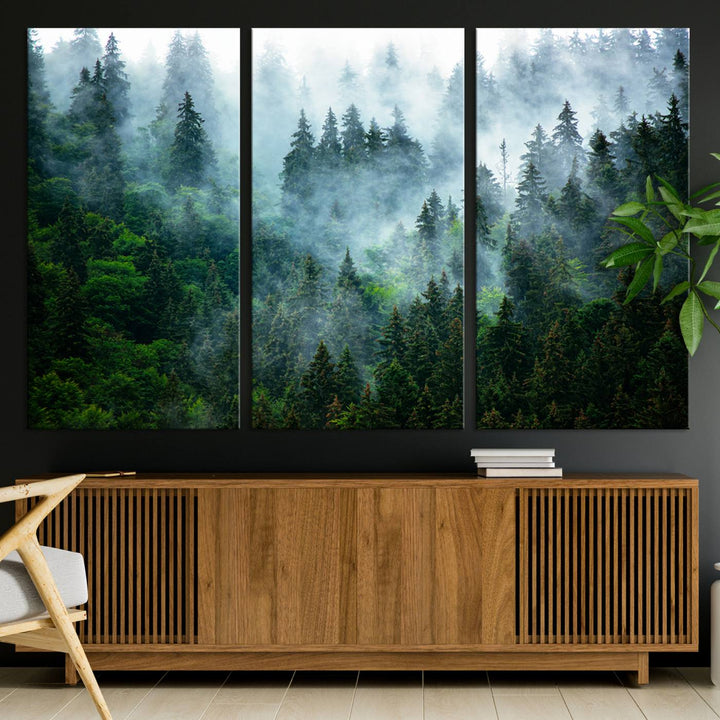 Misty Forest Art Wall Art Canvas Print, Foggy Mountain Art Print, Framed Scenic Wall Print Art Print, Large Woodland Canvas Printing Perfect for  Decor