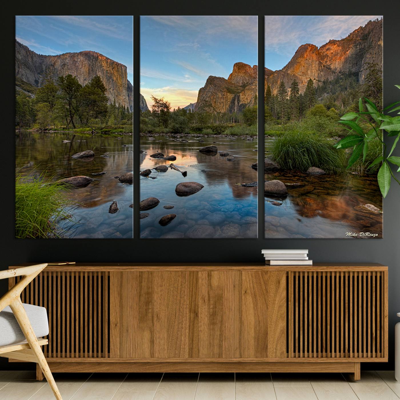 Canvas of Yosemite Valley with El Capitan and sunset reflections in a calm river, perfect for rustic or nature-themed décor.