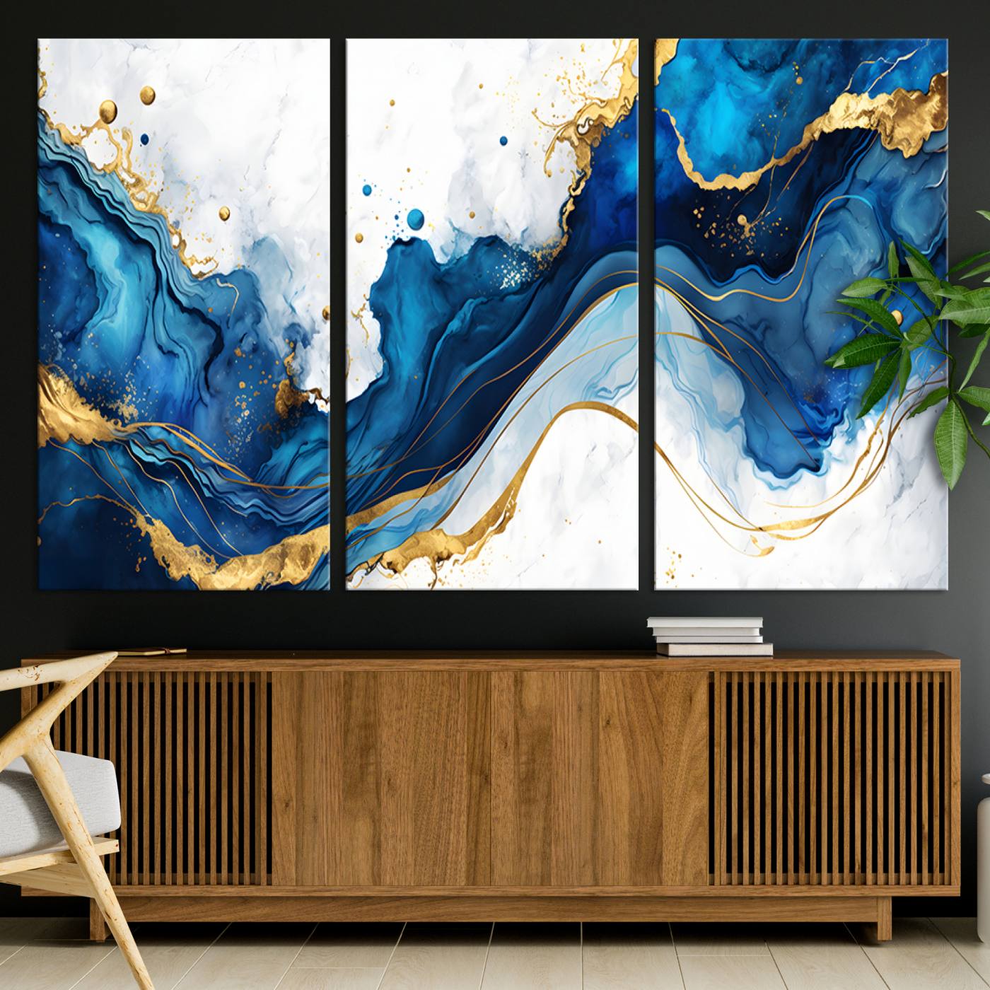 Elegant abstract canvas in cobalt blue and gold tones, featuring marble waves and fluid motion, ideal for luxe interior styling.