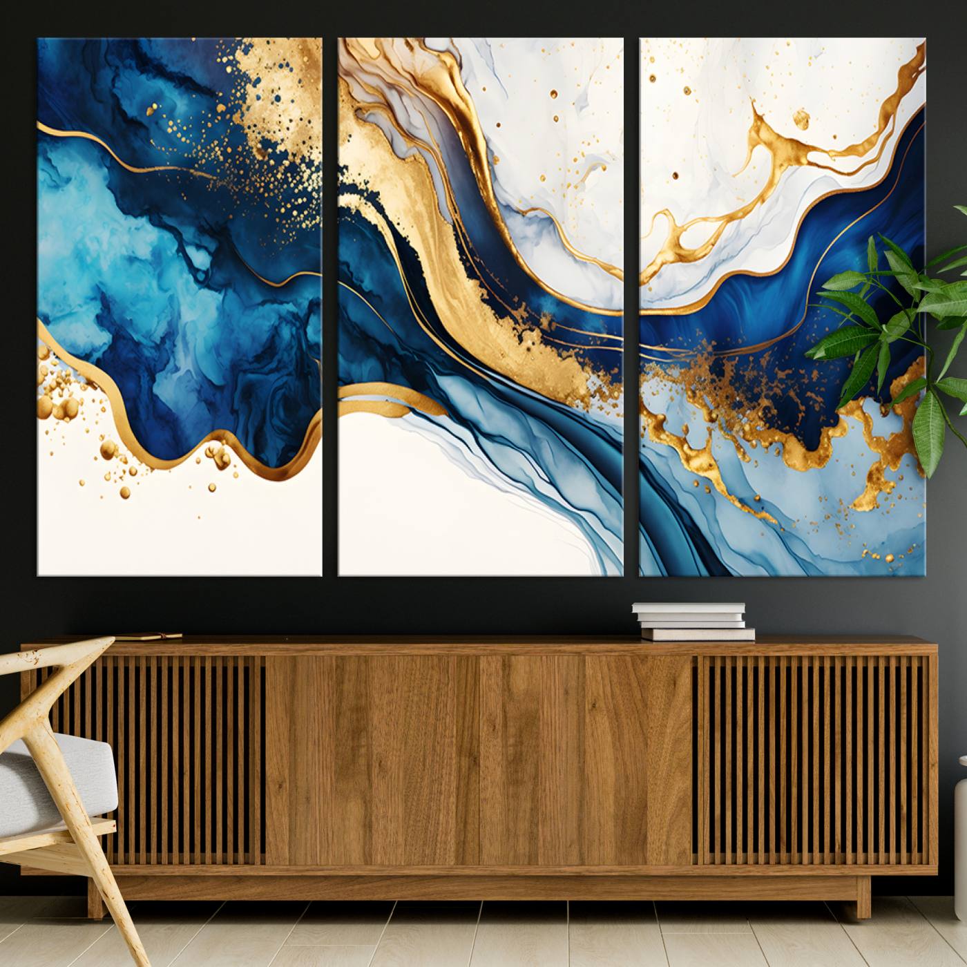 Canvas artwork with fluid blue and gold marbling, perfect for modern luxe or elegant abstract home decor styles.