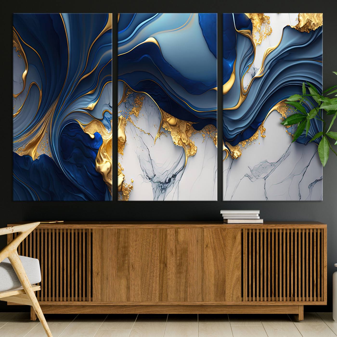 Canvas art with swirling blue marble and gold textures, ideal for elegant glam or modern luxury interior design settings.