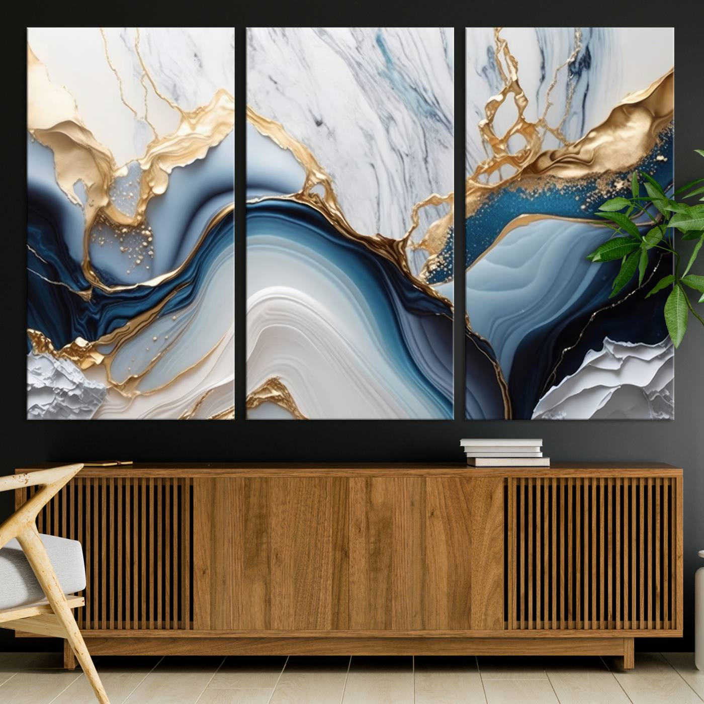 Abstract canvas with blue marble textures and flowing gold veins, ideal for modern luxury or coastal-inspired interior decor.