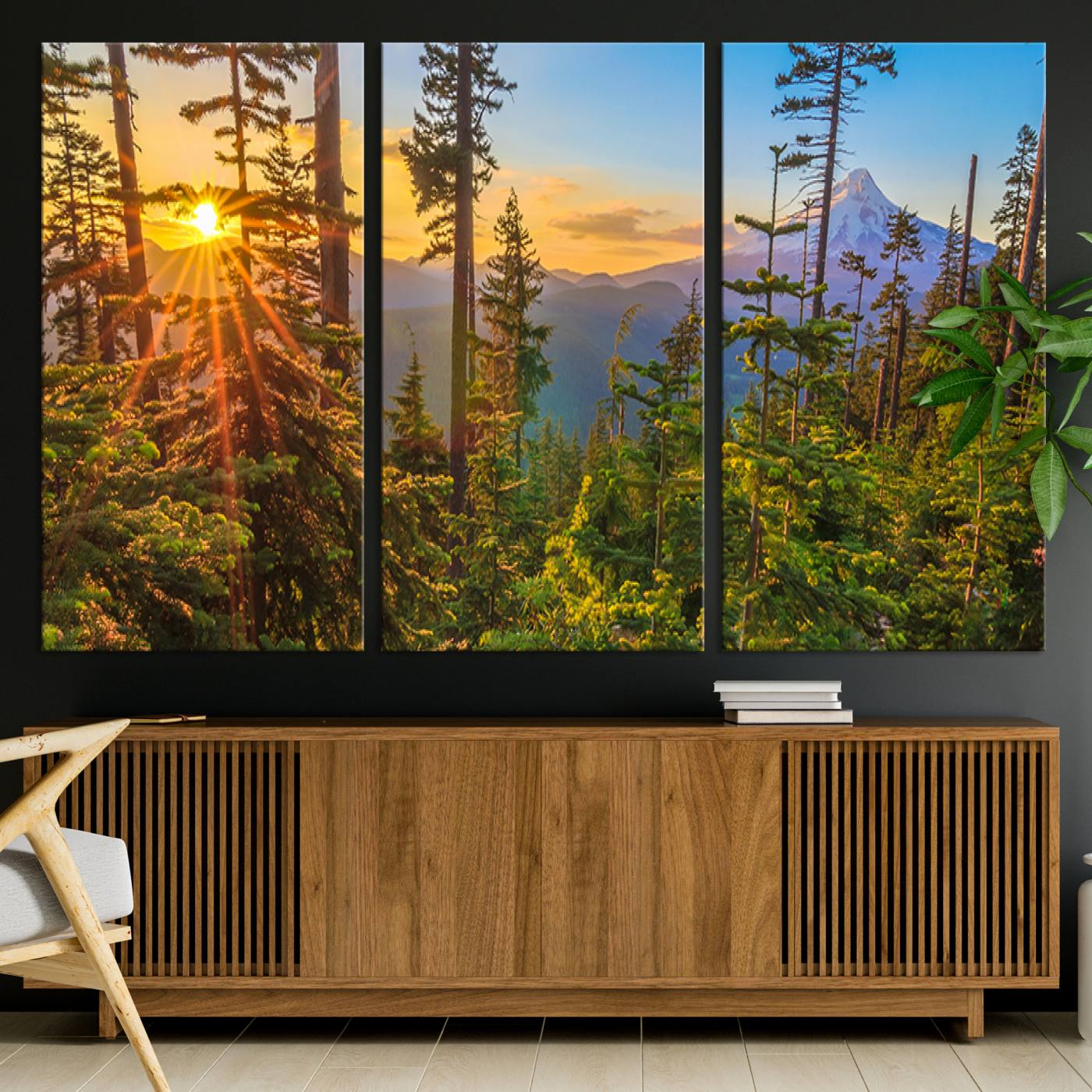 83544043-MGV-CV-36X24-Forest Sunset Wall Art Canvas Print, Framed Sunset Trees Art Picture Print, Green Pines Perfect Rustic Nature Decor