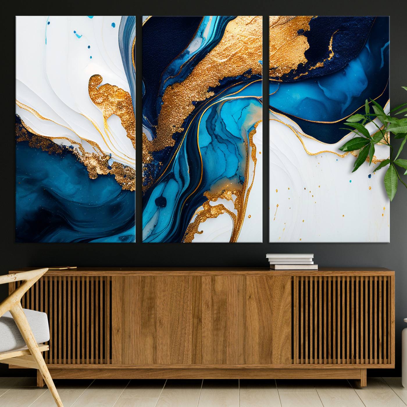 Luxurious abstract canvas in gold, navy, and teal tones with fluid marble patterns, perfect for modern glam or upscale interiors.