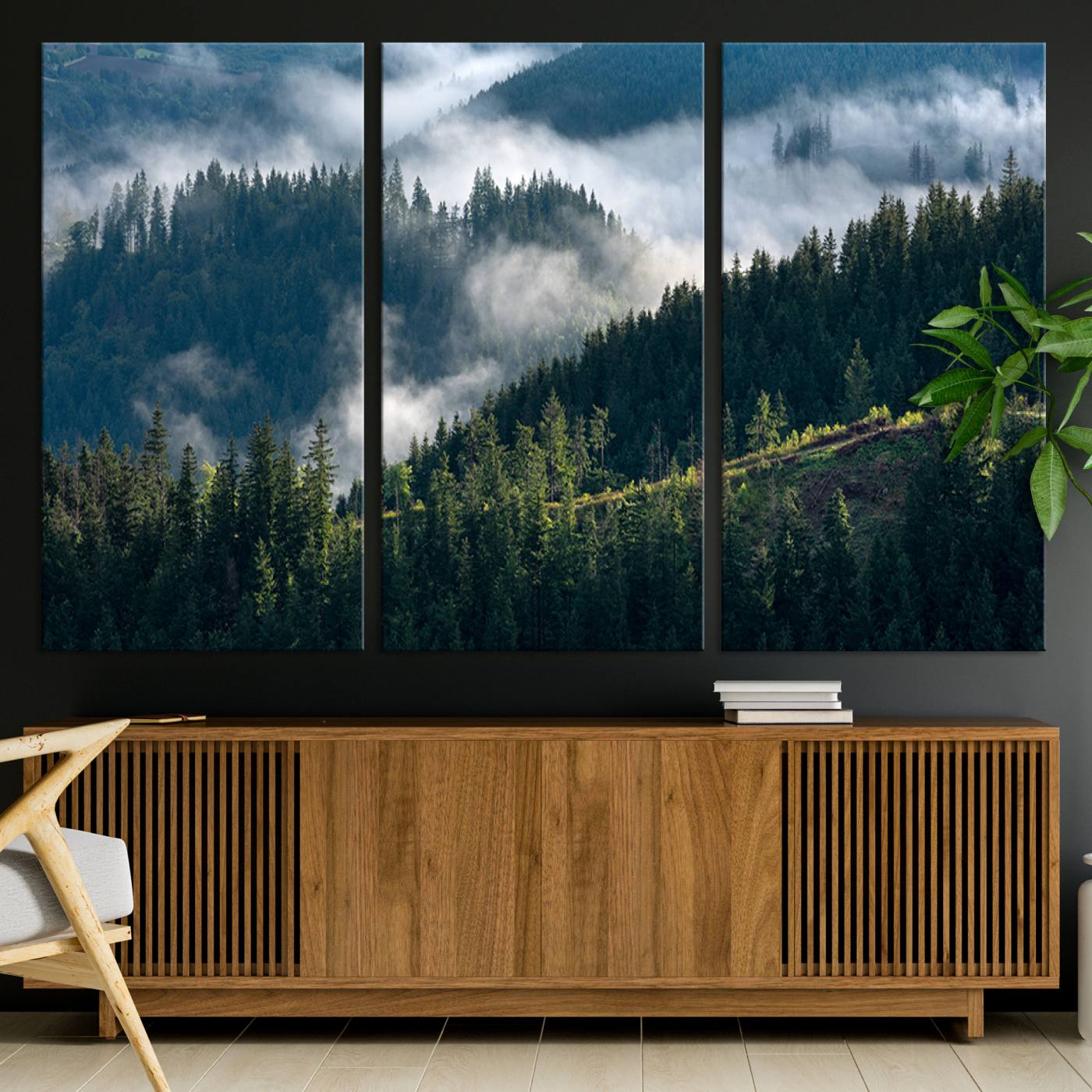 84598503-MGV-CV-36X24-Misty Forest Wall Art Canvas Print, Framed Pine Hills Art Picture Print, Misty Forest Print, Woodland Decor