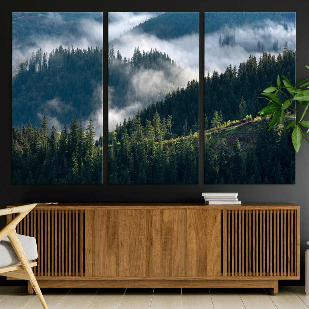 Moody canvas of misty pine forests over layered hills, perfect for cool-toned nature-inspired or woodland-style home decor.