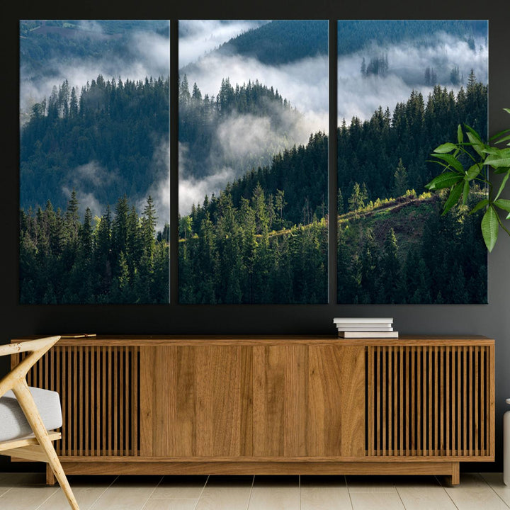 Moody canvas of misty pine forests over layered hills, perfect for cool-toned nature-inspired or woodland-style home decor.