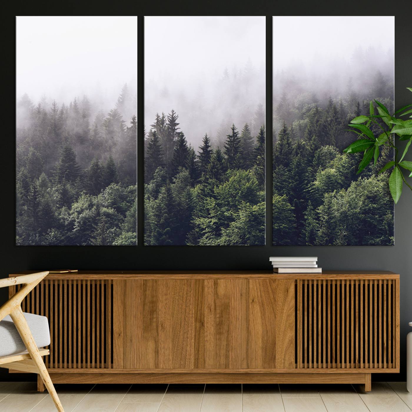 62890402-MGV-CV-36X24-Misty Forest Wall Art Canvas Print, Framed Foggy Pines Art Picture Print, Pine Valley Perfect Moody Woodland Decor