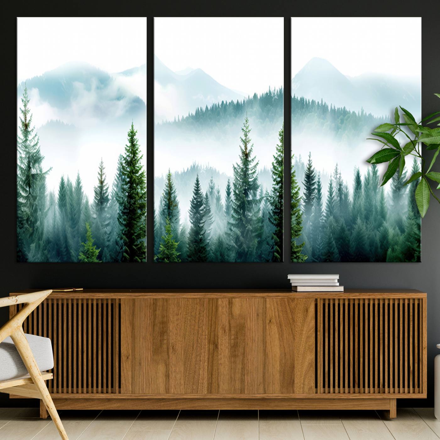 16716676-MGV-CV-36X24-Pine Forest Wall Art Canvas Print, Framed Misty Mountains Art Picture Print, Foggy Trees Perfect Moody Forest Artwork