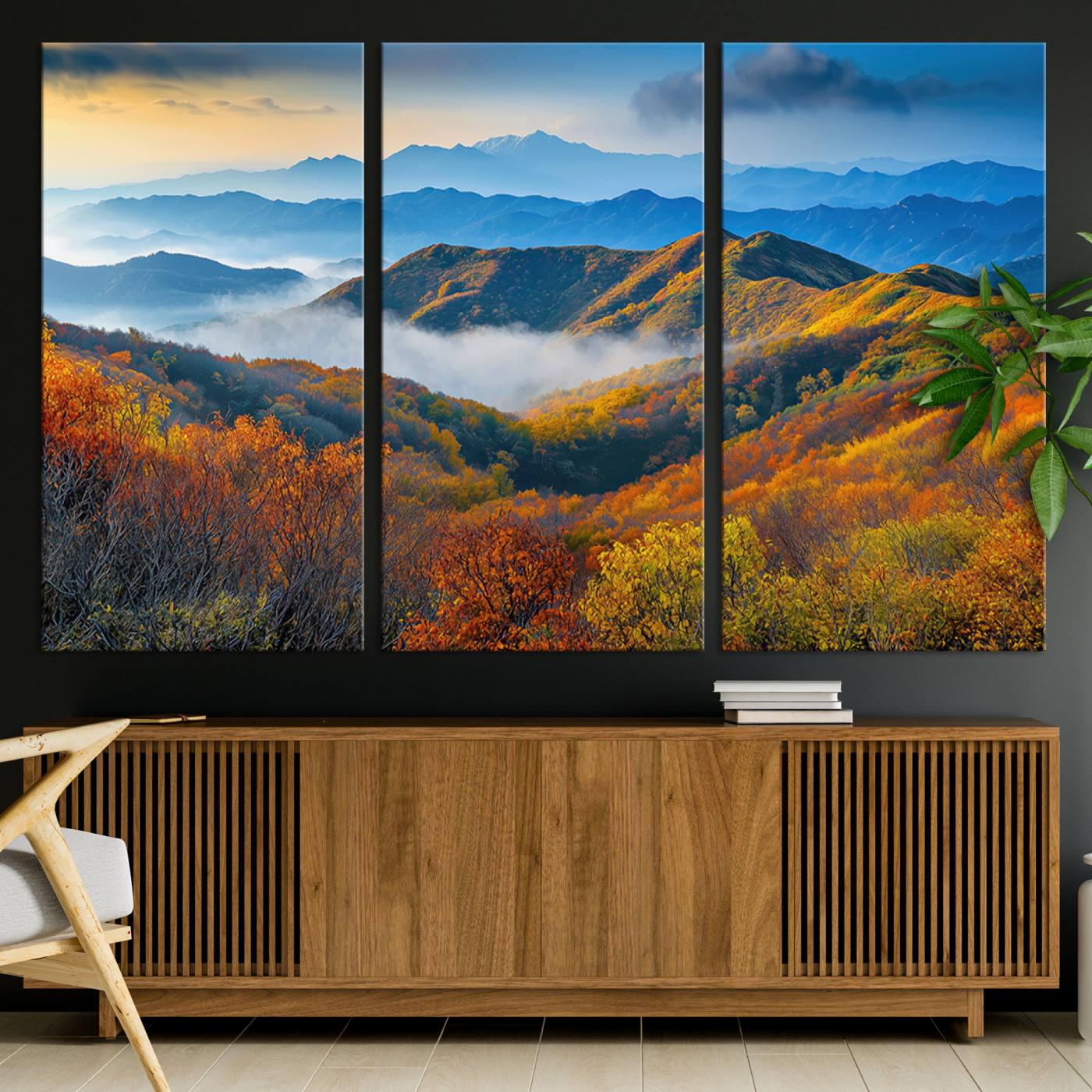 86772247-MGV-CV-36X24-Autumn Mountains Wall Art Canvas Print, Autumn Mountain Foggy Landscape Wall Art Canvas Print, Beautiful Forest Canvas Print
