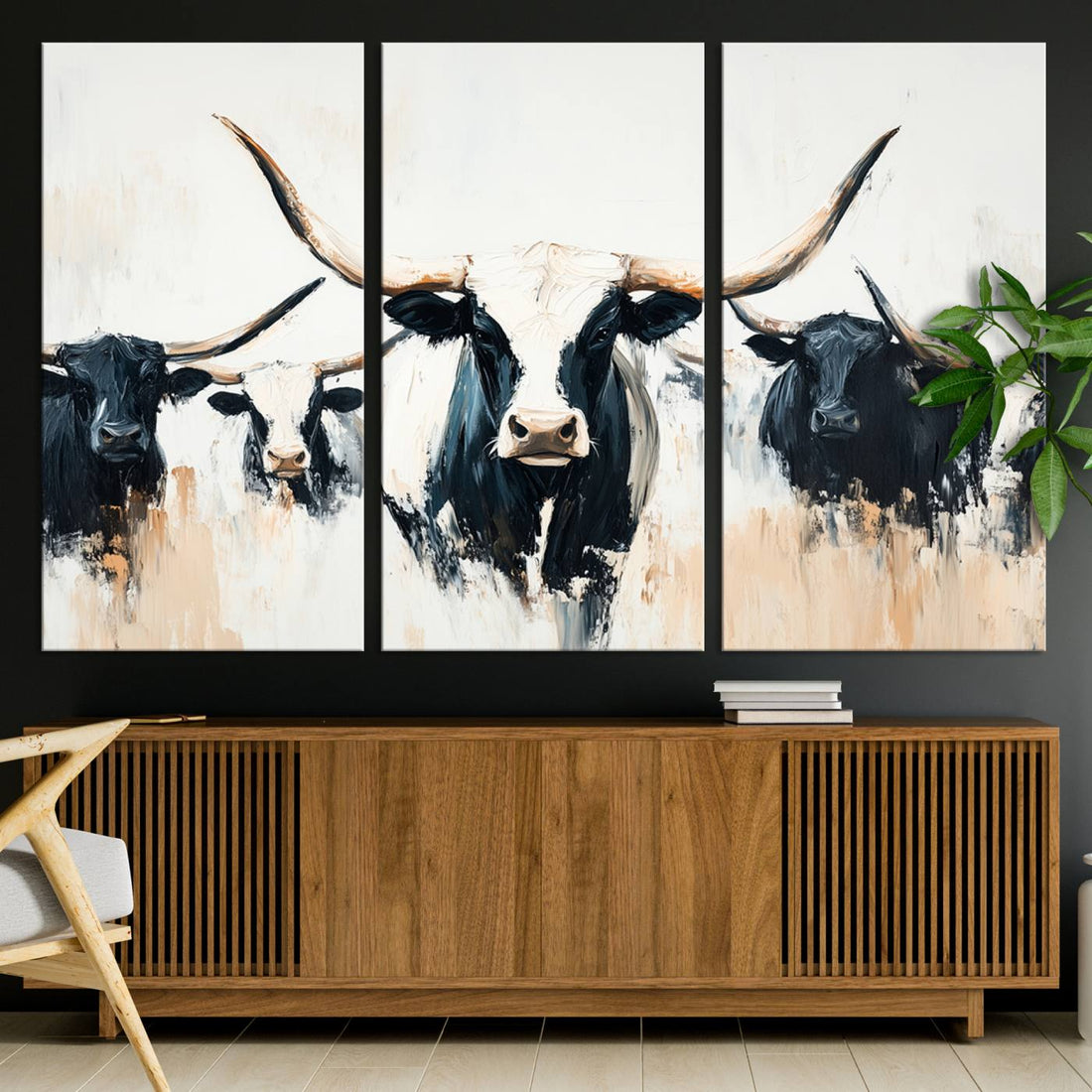 Texas Longhorn Wall Art Canvas Print | Majestic Horned Bull in Black and White