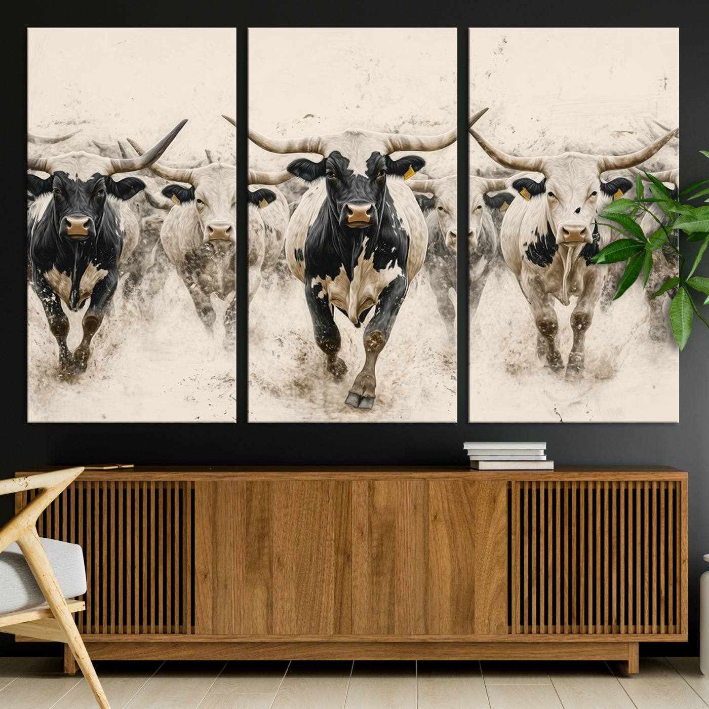 Canvas artwork of Texas Longhorn bulls walking in a dusty herd, ideal for rustic Western or country-style interior decor.