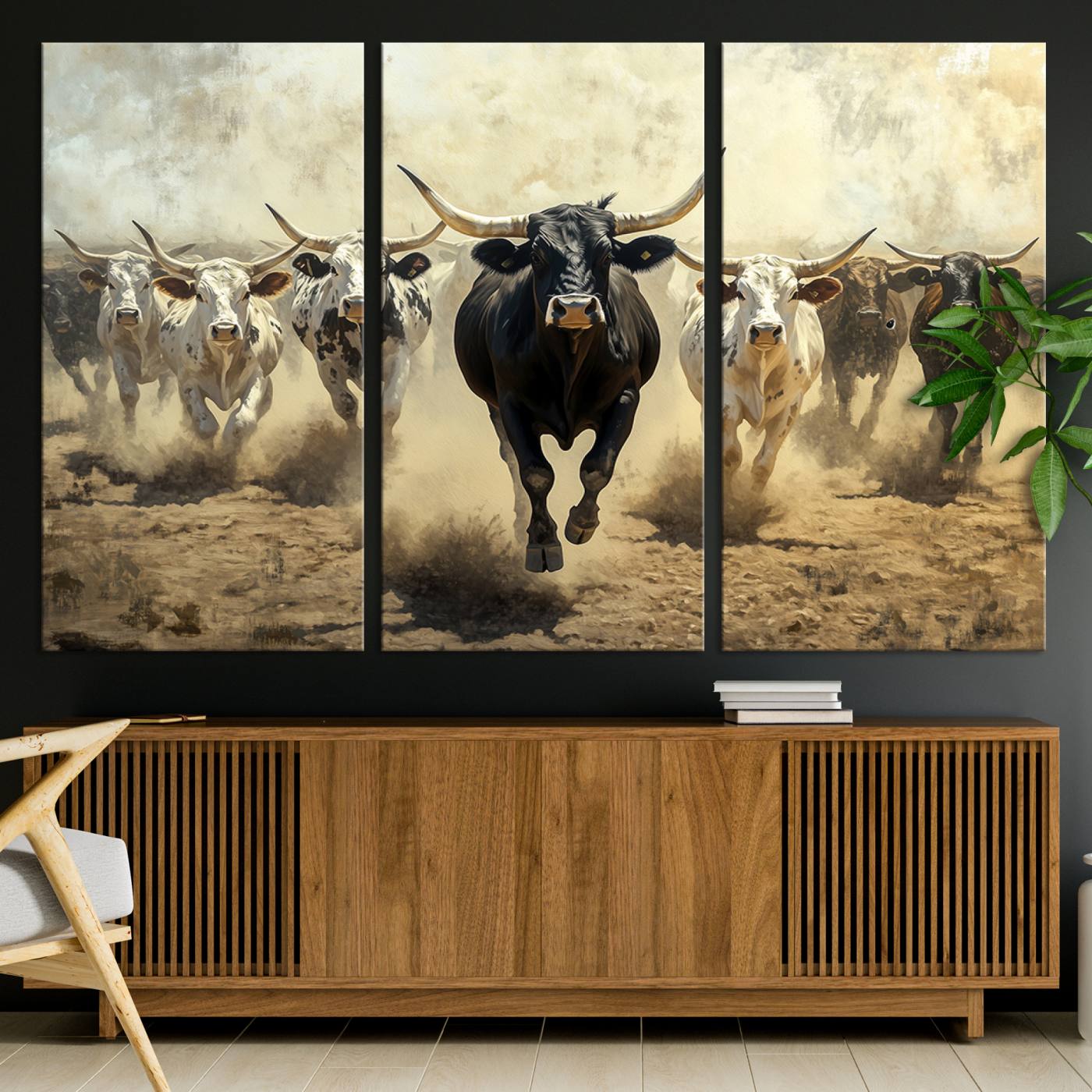 Dynamic canvas showing a Texas Longhorn stampede with earthy tones and bold movement, perfect for rustic or Western-style interiors.