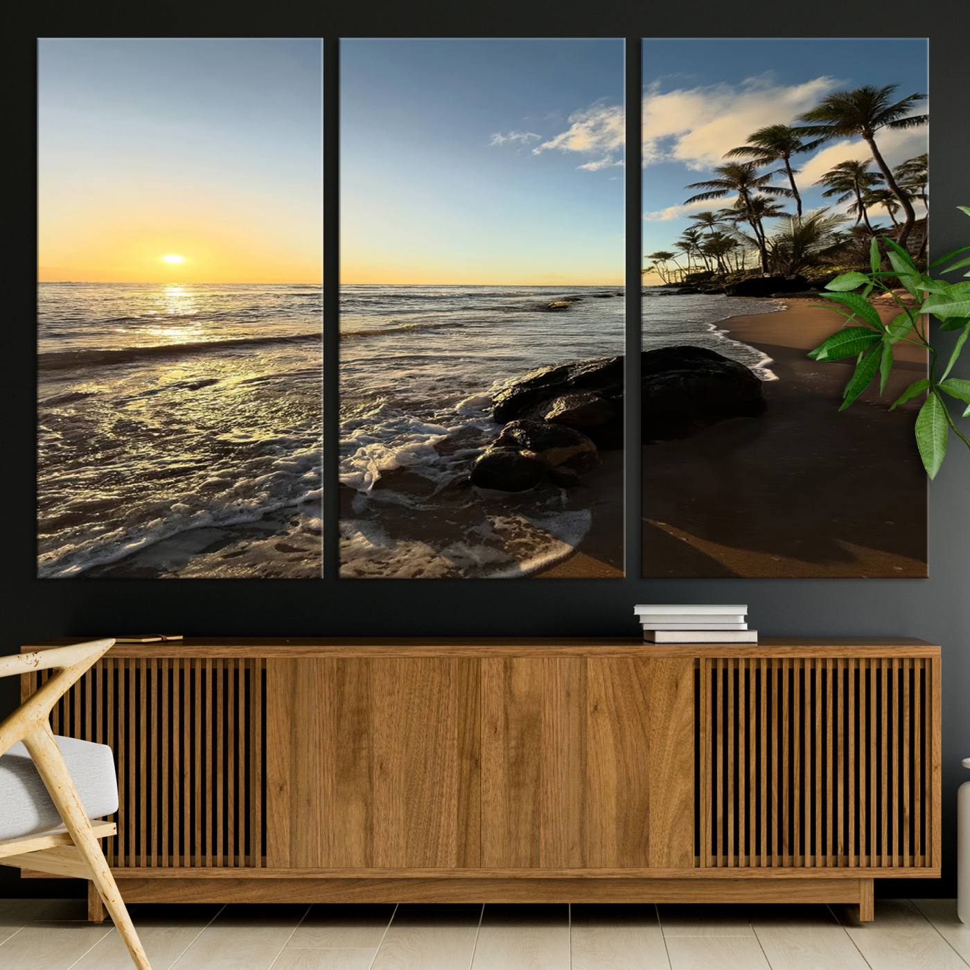 Canvas of a golden sunset on a tropical beach with palm trees and calm waves, perfect for coastal or island-themed home decor.