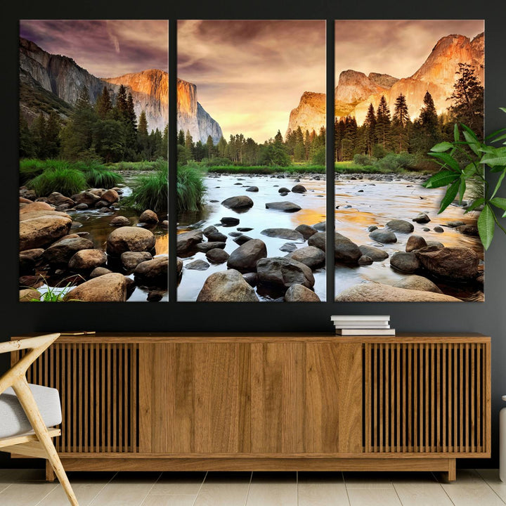 A tranquil riverside sunset mirrors the beauty of a Yosemite wall art masterpiece like the Large El Capitan Print.