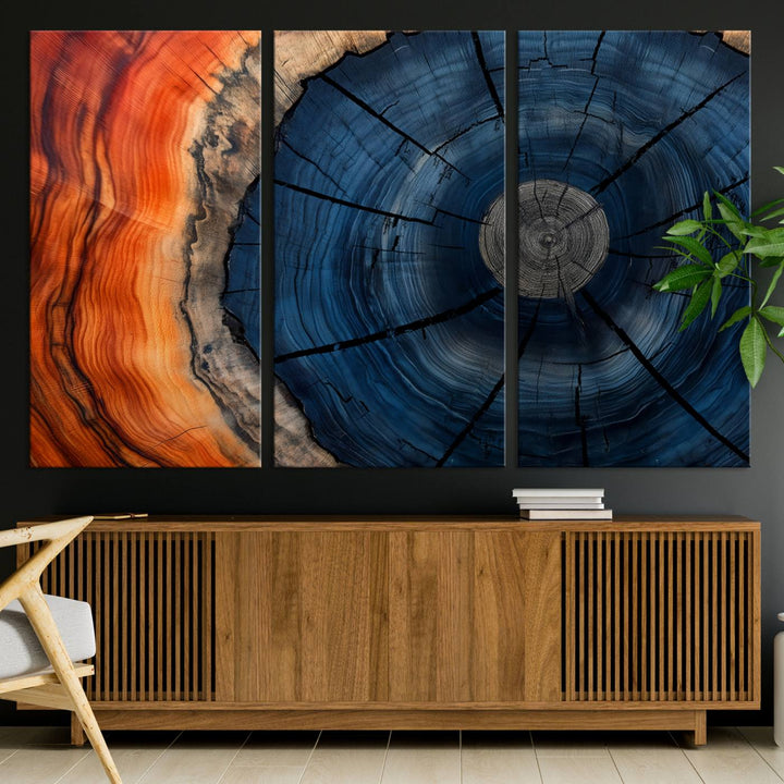 Abstract Tree Rings Canvas Print with vibrant colors—ideal farmhouse wall art for a woodland-themed home.