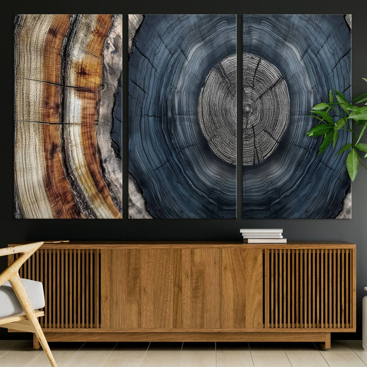 Close-up of the Abstract Tree Rings Wall Art Print featuring shades of blue, brown, and gray.