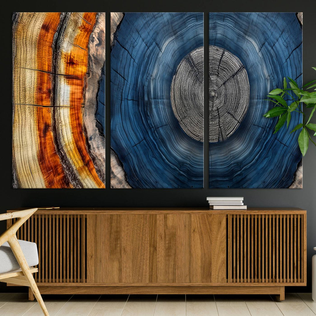 Vibrant Abstract Tree Rings in Orange, Brown, and Blue - Canvas Print for Nature Woodland Wall Decor.