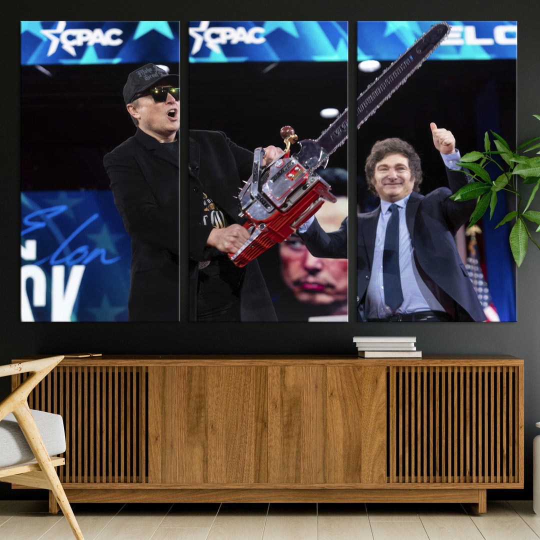 The wall art in the living room is an Elon Musk Chainsaw Art Print, depicting two men with chainsaws on stage in front of a vibrant crowd.