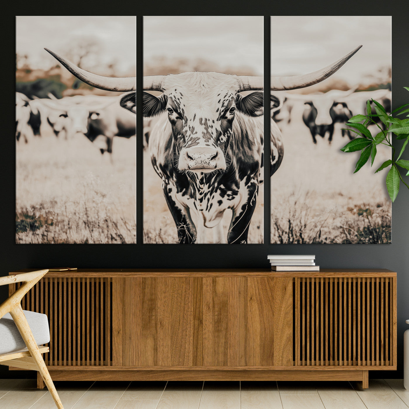 27497342-MGV-CV-36X24-Texas Longhorn Wall Art Canvas Print, Framed Speckled Cow Art Picture Print, Horned Cattle Perfect Rustic Western Decor Artwork