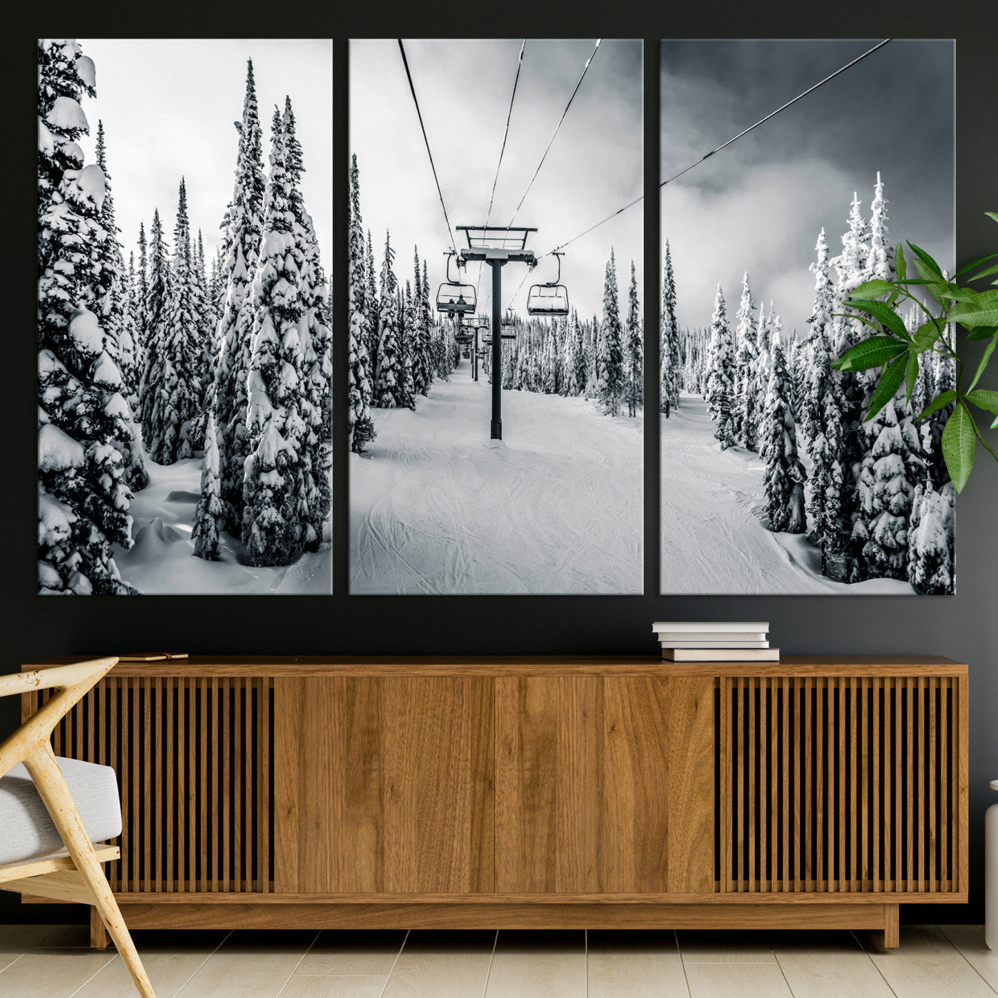 31156828-MGV-CV-36X24-Snowy Pines Wall Art Canvas Print, Framed Ski Lift Art Picture Print, Winter Forest Perfect Moody Lodge Decor, Ski Lift Wall Art Canvas
